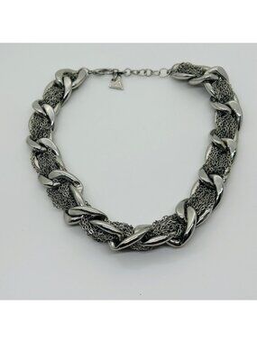 GUESS Heavy Metal Necklace Silver Tone Curb Braided Multi-Strand Mesh Statement